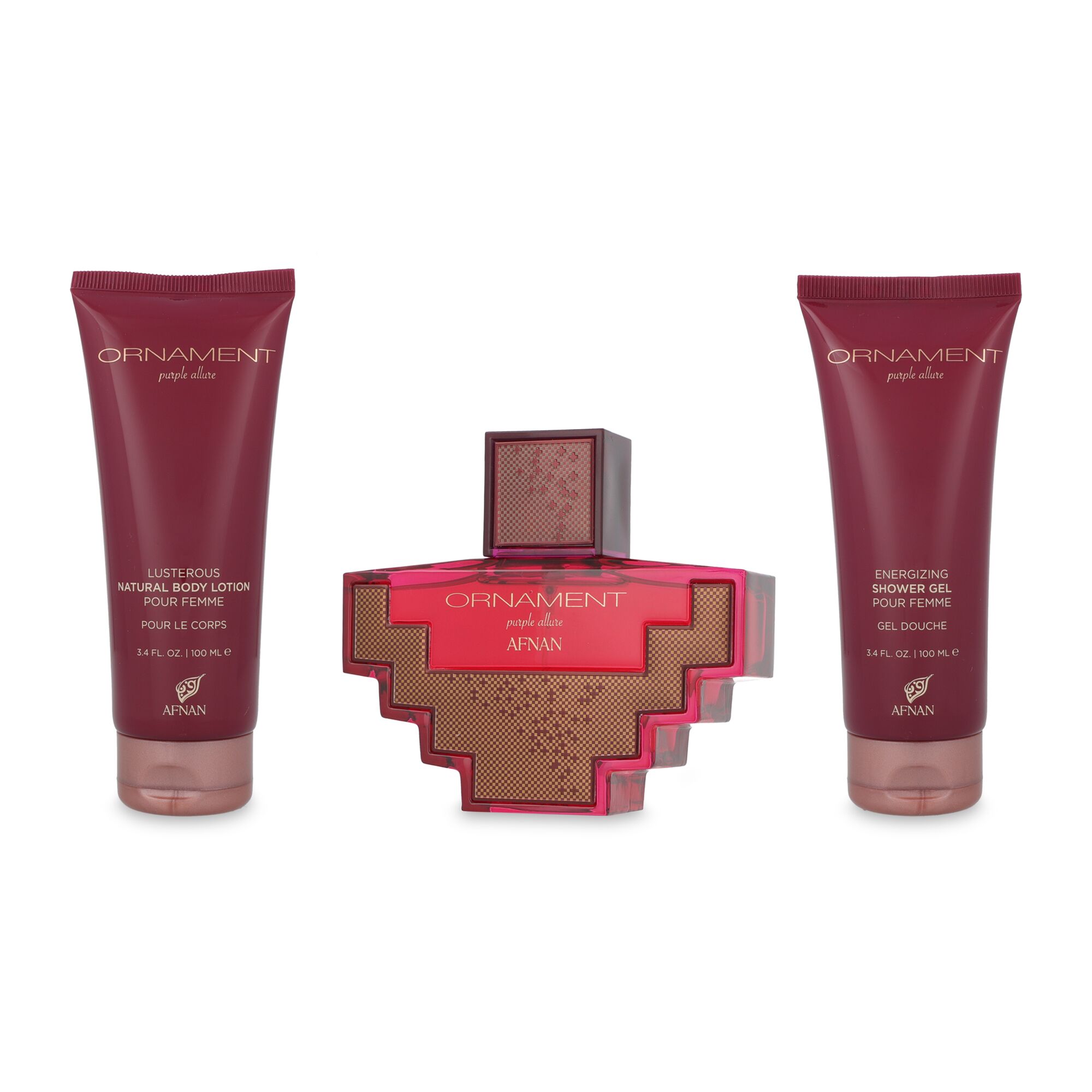 Set Afnan Ornament Purple Allure 3Pzs 100Ml Edp Spray/ Body Lotion 100Ml/ Shower Gel 100Ml